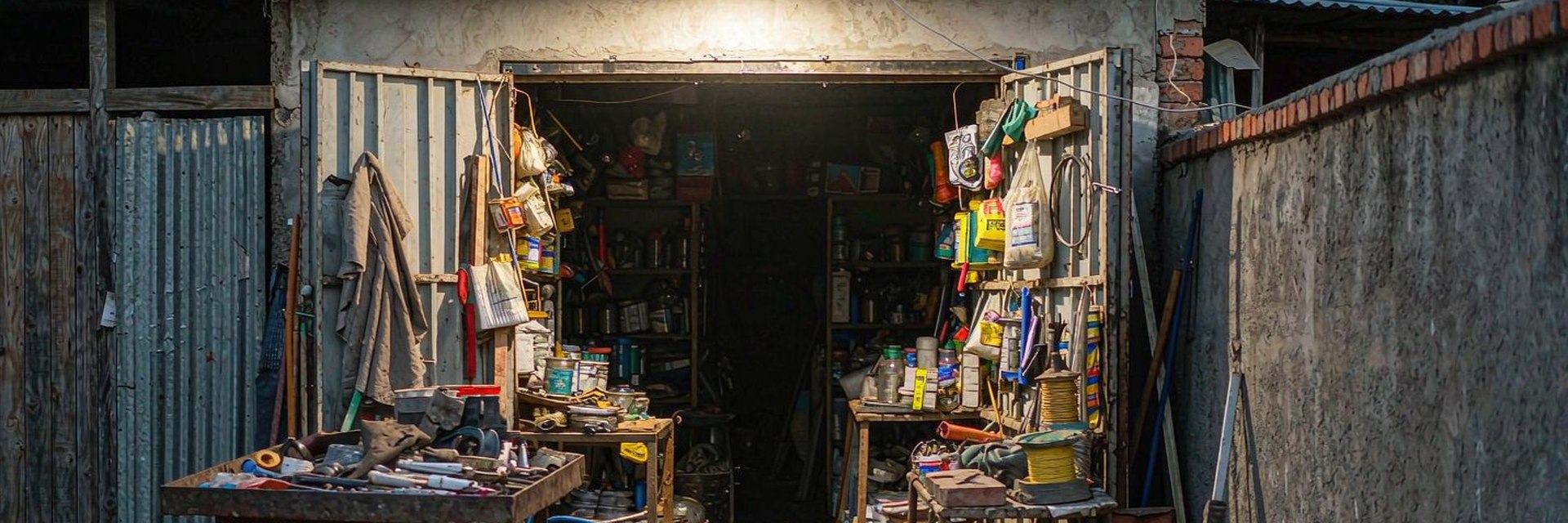 Small shop lit brightly by solar flood lights at night — AI-generated illustrative scene