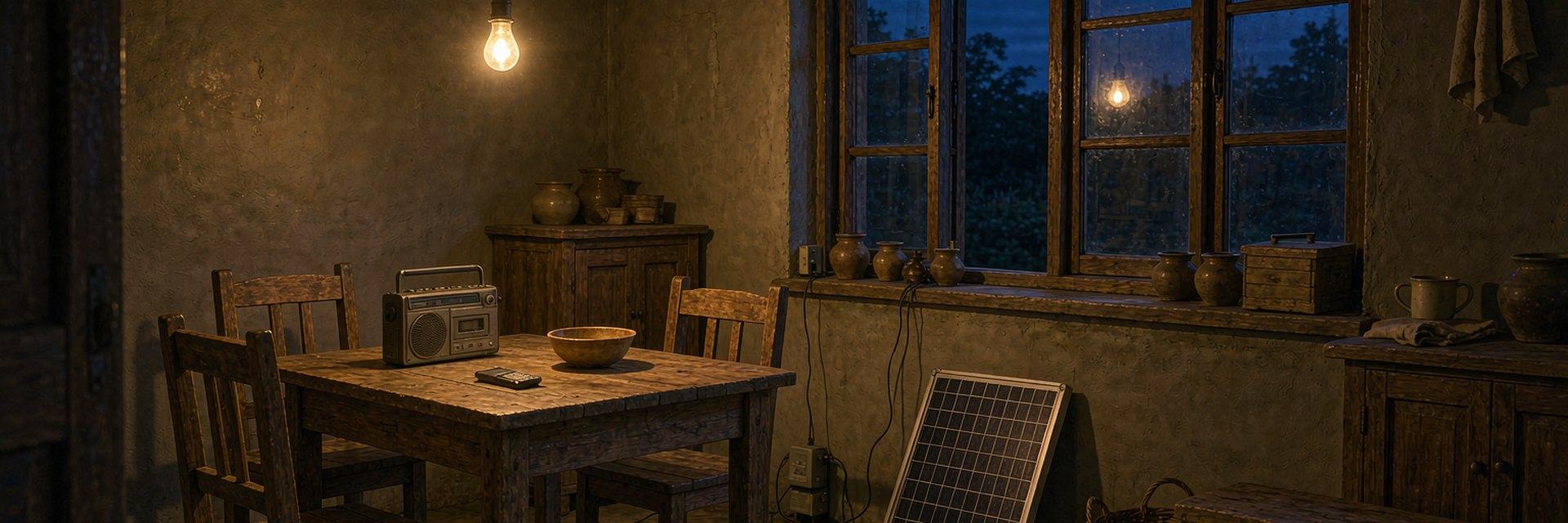 Family home interior at dusk lit by a solar home lighting kit — AI-generated illustrative scene