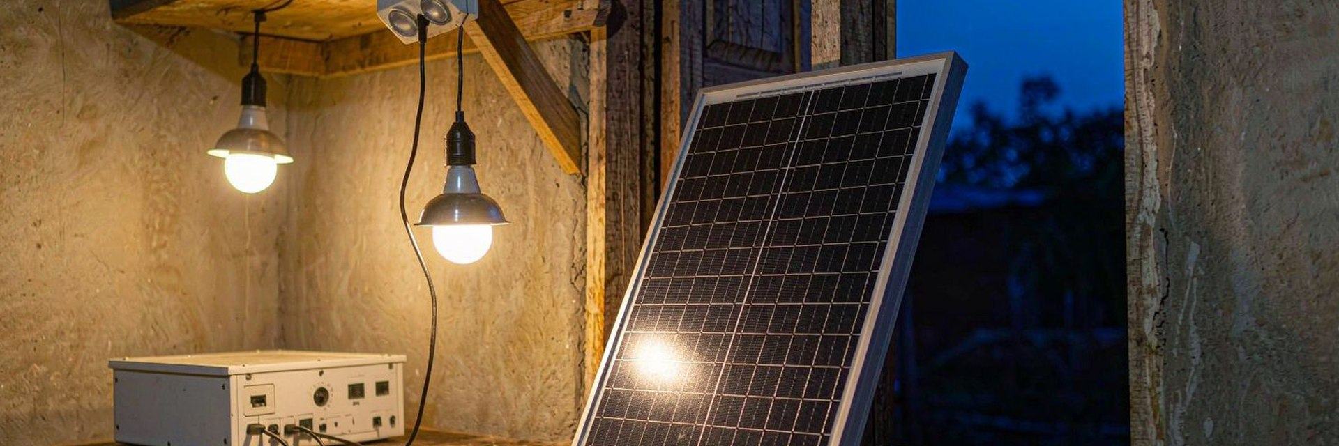 Workshop interior powered by an off-grid solar kit at dusk — AI-generated illustrative scene