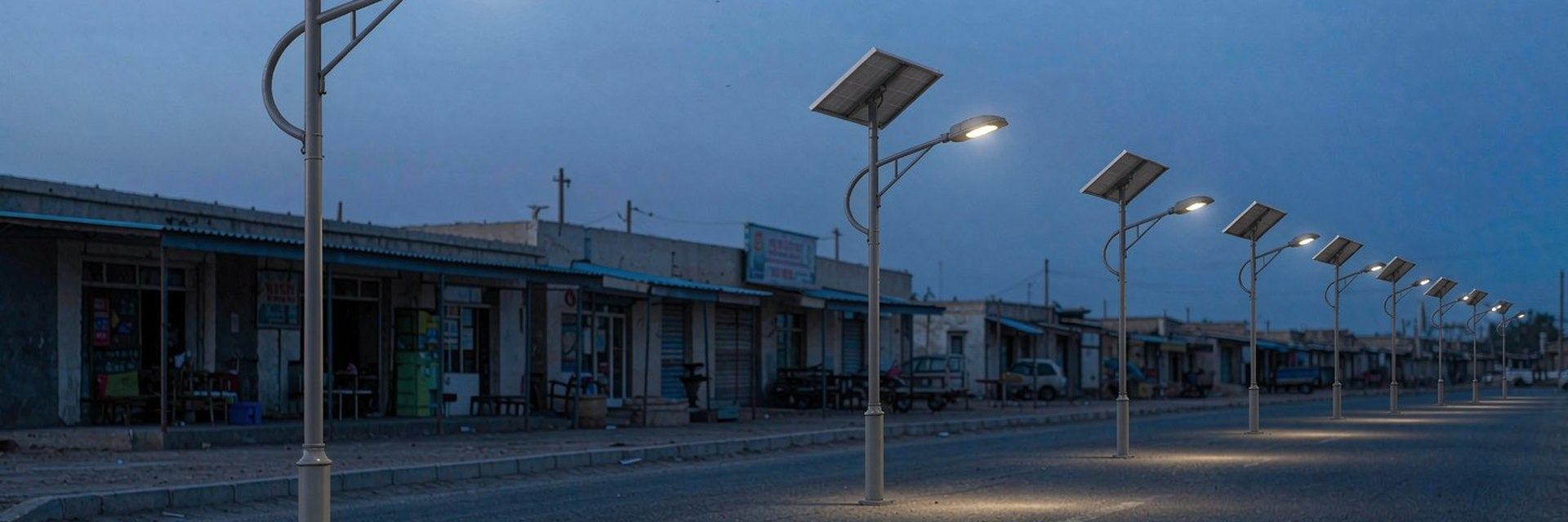Town street at dusk lit by solar street lights — AI-generated illustrative scene