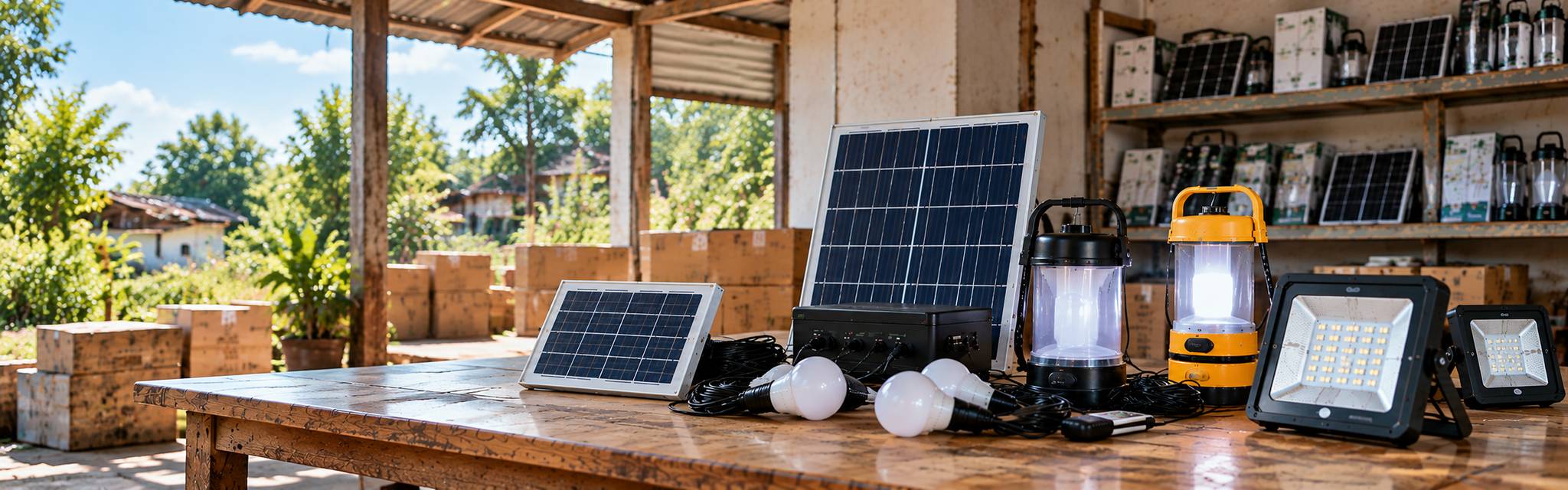 Solar panels, solar home lighting kit, rechargeable LED lanterns and flood lights displayed on a workshop table — AI-generated illustrative scene